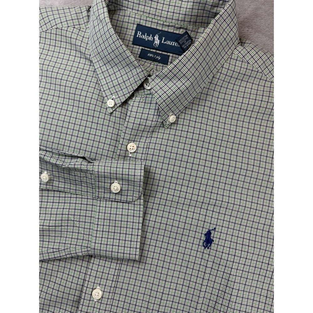 Ralph Lauren Shirt Mens XL Long Sleeve Green Blue Check Plaid 120's 2-ply